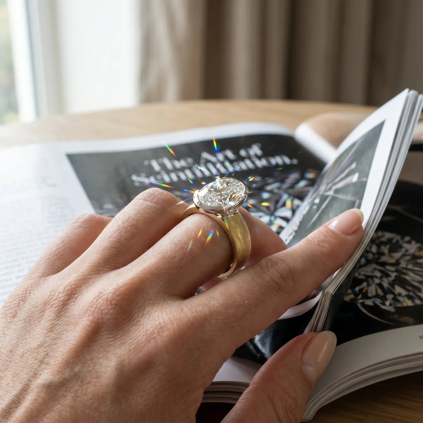 Two-tone gold oval diamond ring