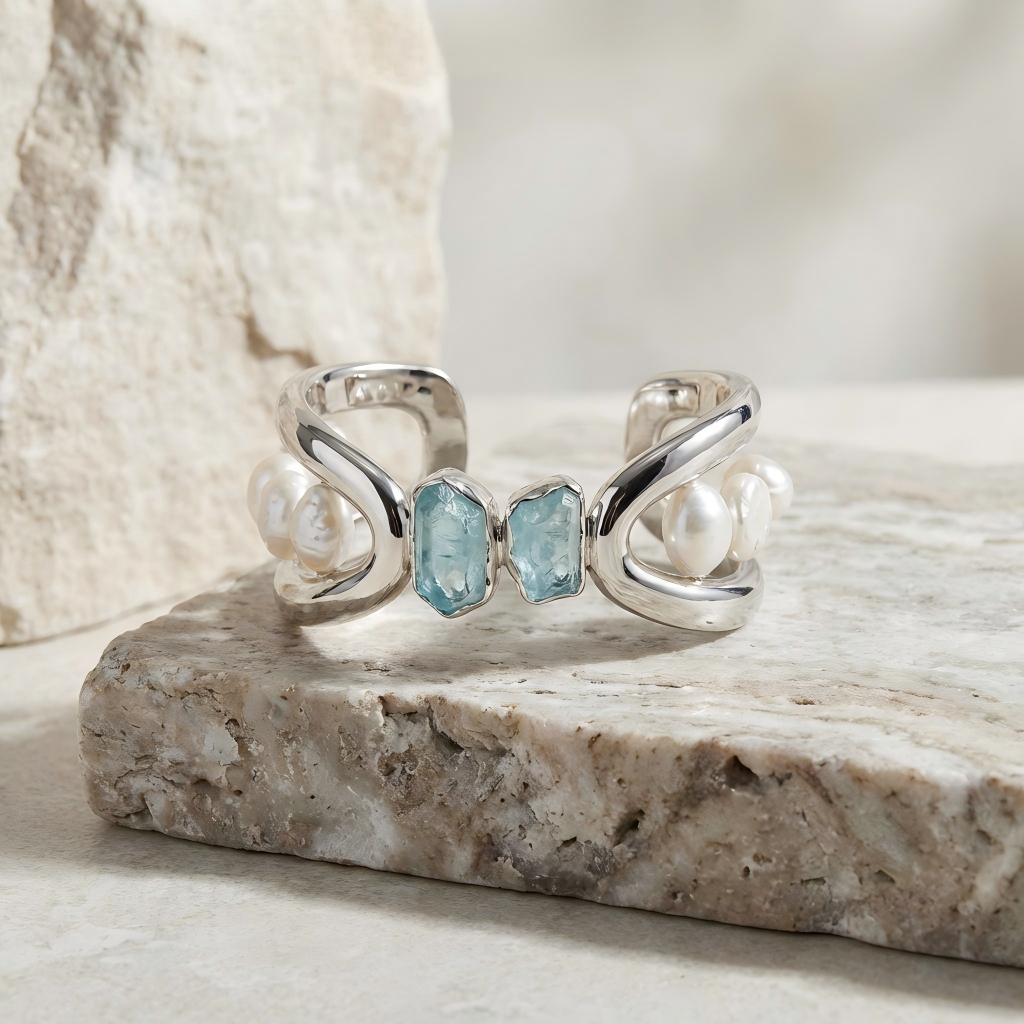 Aquamarine and Pearl Silver Ring