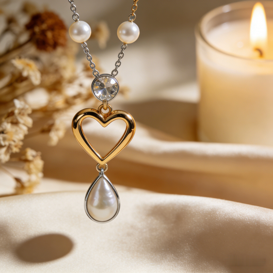 💖 "Mixed Metal Heart & Pearl Necklace" – Two-Tone Chain | Open Heart Pendant with Drop Pearl | Timeless Romance 📿