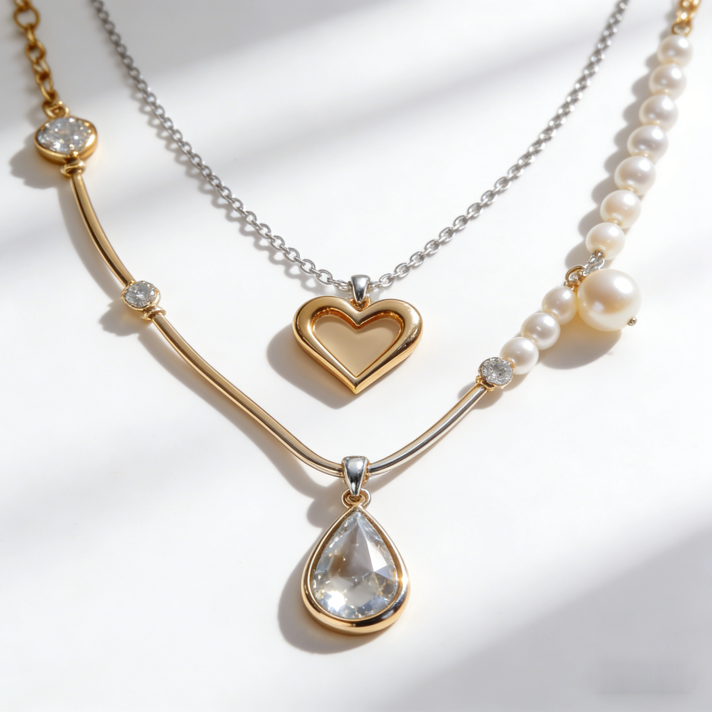 💝"Layered Heart & Pearl Necklace" – Double Chain Design | Gold Heart & Pave Accents | Modern Layering Trend ⛓️