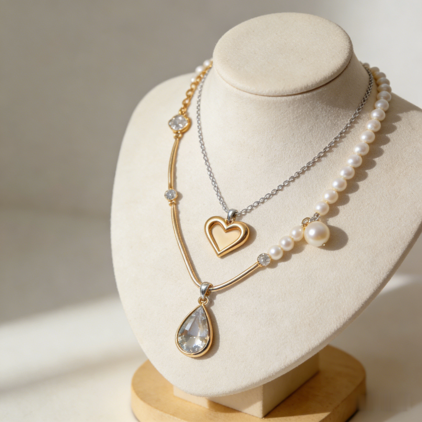 💝"Layered Heart & Pearl Necklace" – Double Chain Design | Gold Heart & Pave Accents | Modern Layering Trend ⛓️