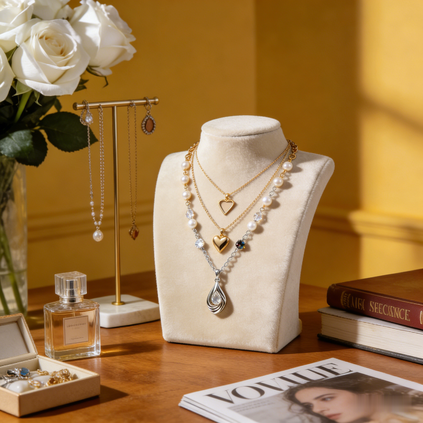 💝"Layered Heart & Pearl Necklace" – Double Chain Design | Gold Heart & Pave Accents | Modern Layering Trend ⛓️