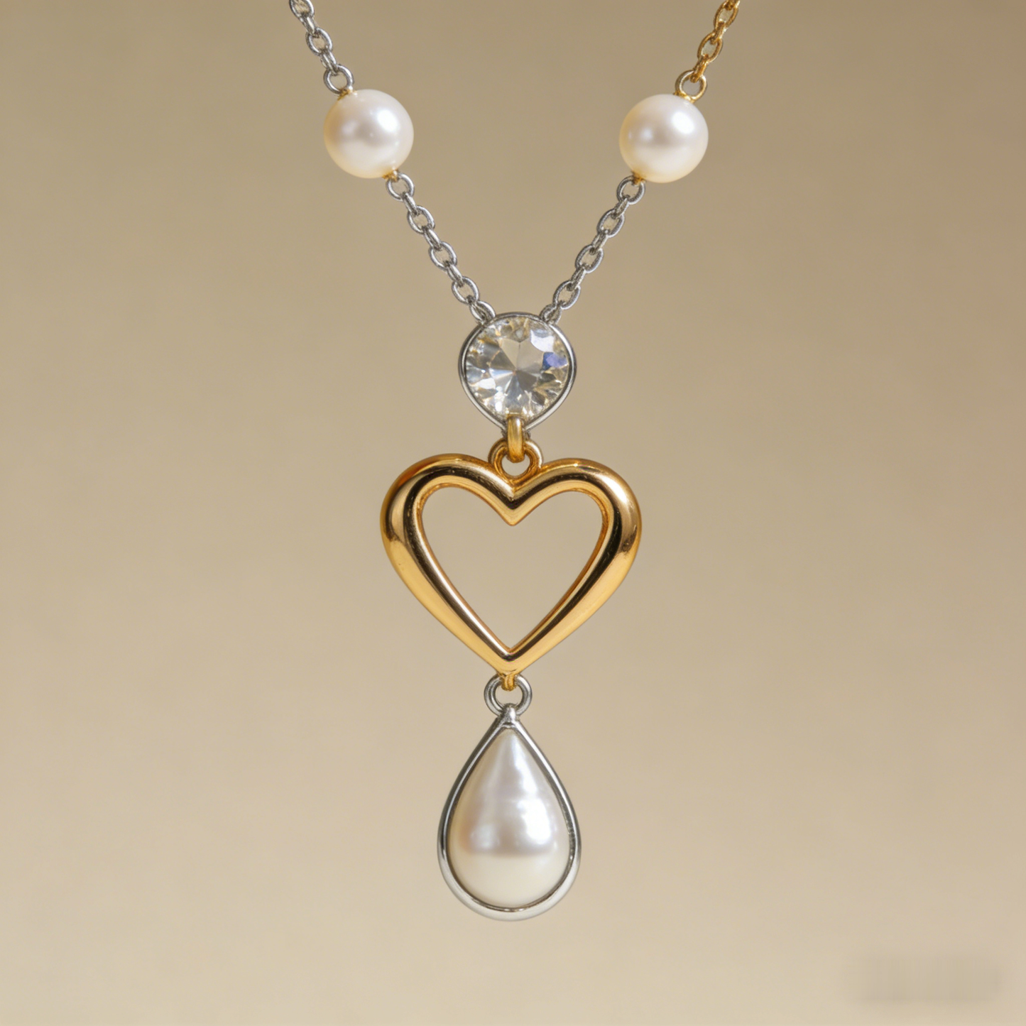 💖 "Mixed Metal Heart & Pearl Necklace" – Two-Tone Chain | Open Heart Pendant with Drop Pearl | Timeless Romance 📿