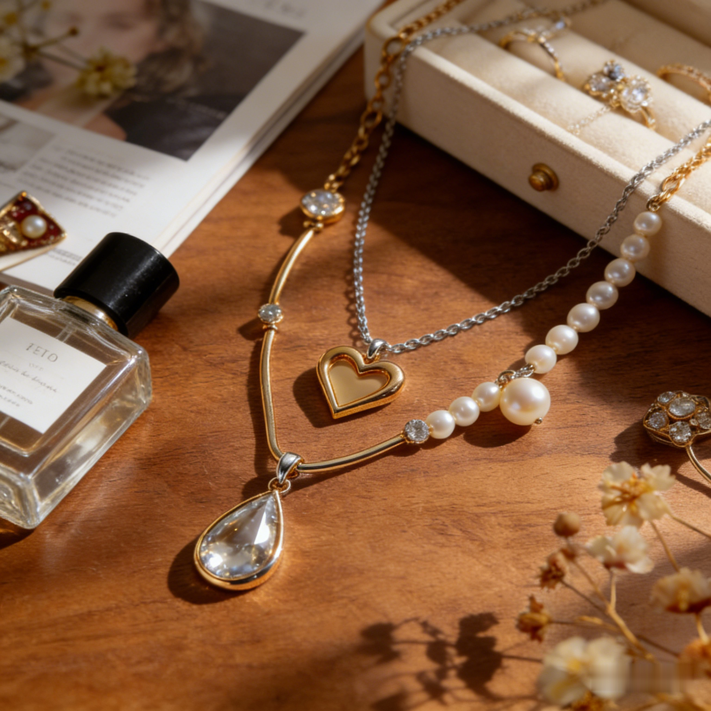 💝"Layered Heart & Pearl Necklace" – Double Chain Design | Gold Heart & Pave Accents | Modern Layering Trend ⛓️