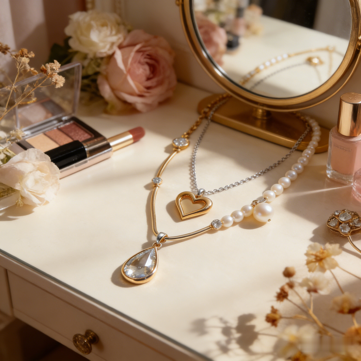 💝"Layered Heart & Pearl Necklace" – Double Chain Design | Gold Heart & Pave Accents | Modern Layering Trend ⛓️