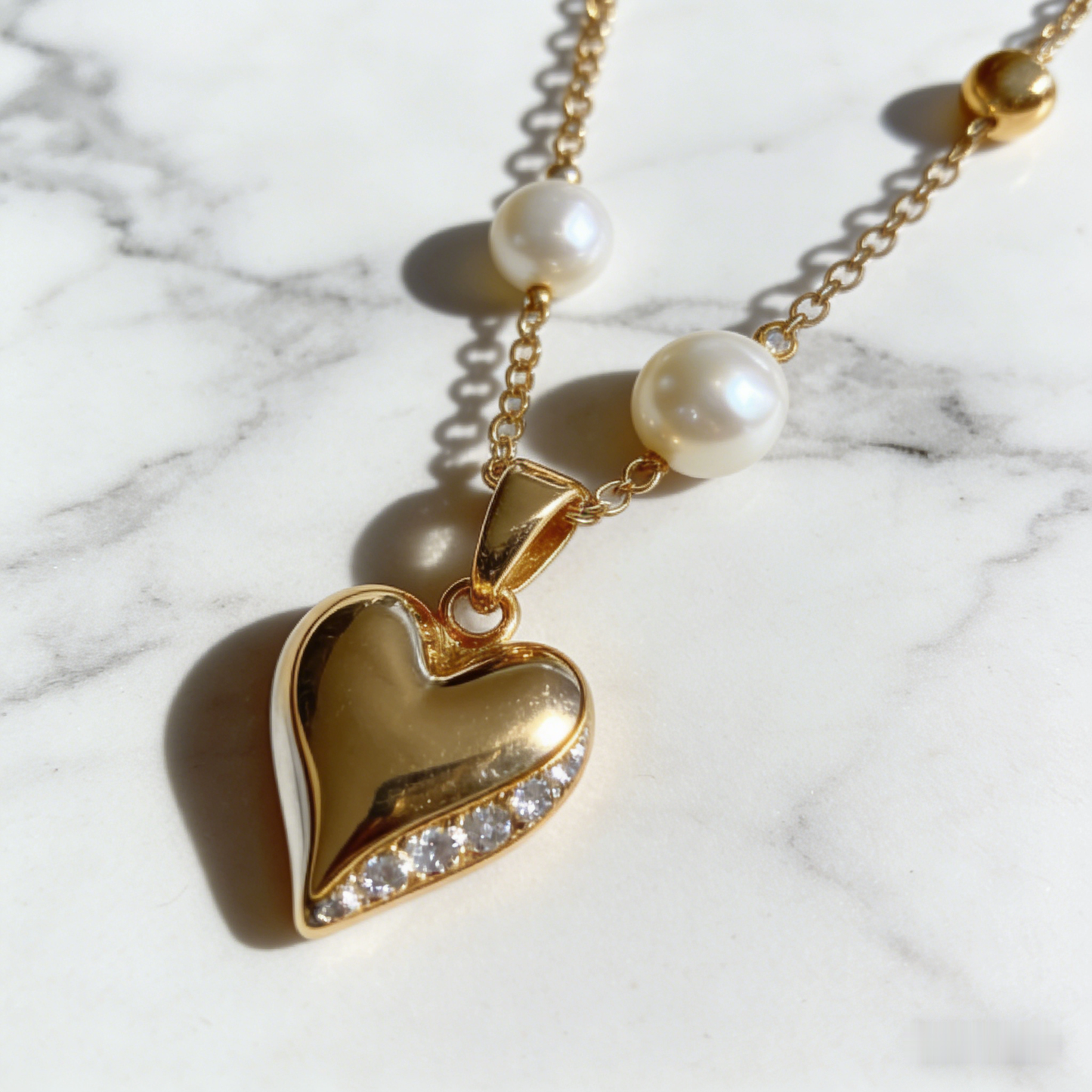 🌸 "Pearl Chain with Heart Pendant" – Lustrous Pearls & Gold Beads | Gold Heart with Stone Accent | Feminine Charm 🎀