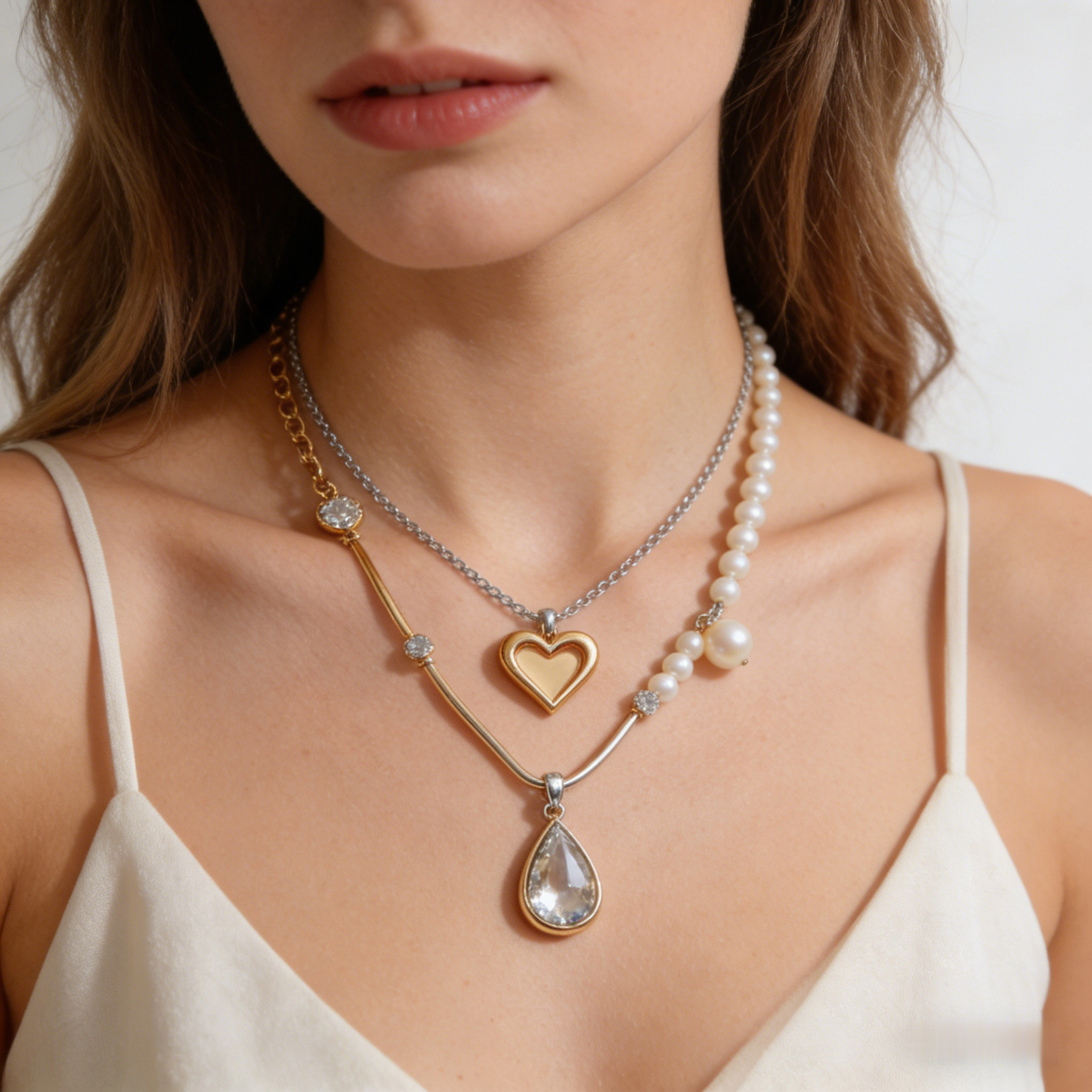 💝"Layered Heart & Pearl Necklace" – Double Chain Design | Gold Heart & Pave Accents | Modern Layering Trend ⛓️