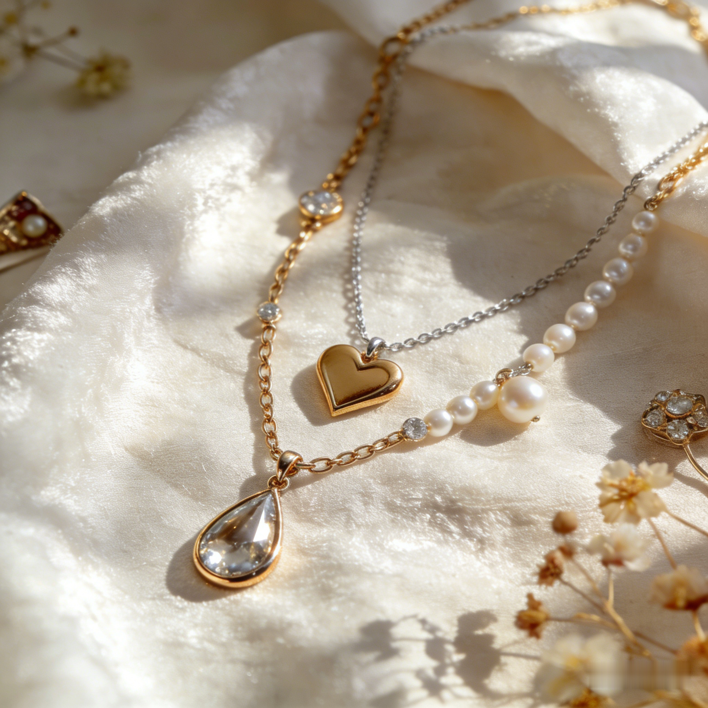 💝"Layered Heart & Pearl Necklace" – Double Chain Design | Gold Heart & Pave Accents | Modern Layering Trend ⛓️