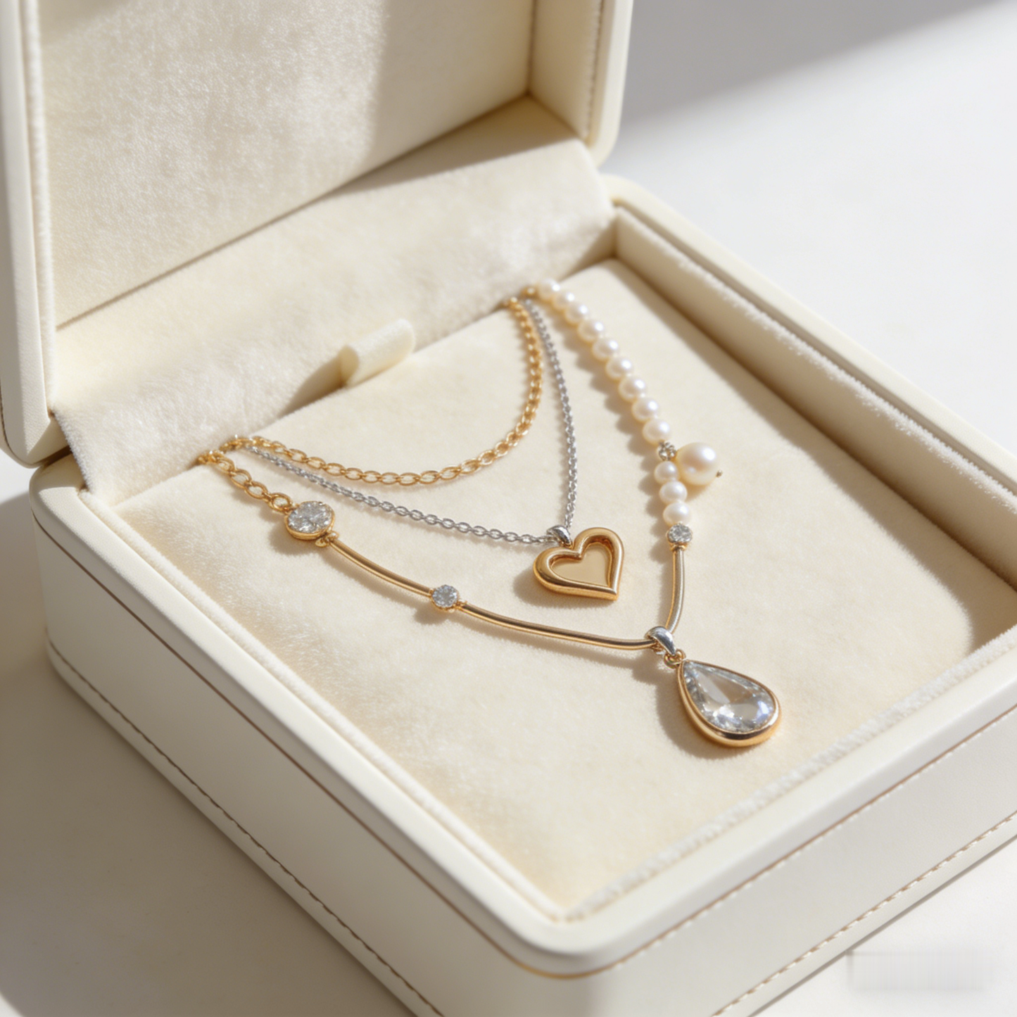 💝"Layered Heart & Pearl Necklace" – Double Chain Design | Gold Heart & Pave Accents | Modern Layering Trend ⛓️